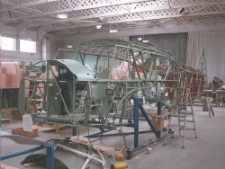 Anson frame in hangar at Duxford