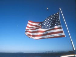US Flag, SFO Bay, Moon and Pelican